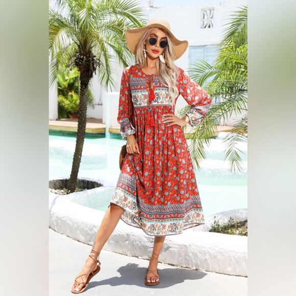 Unbranded Dresses & Skirts - R. Vivimos Womens Long Sleeve Floral Casual Print
Cotton Midi Tunic Dress Size S